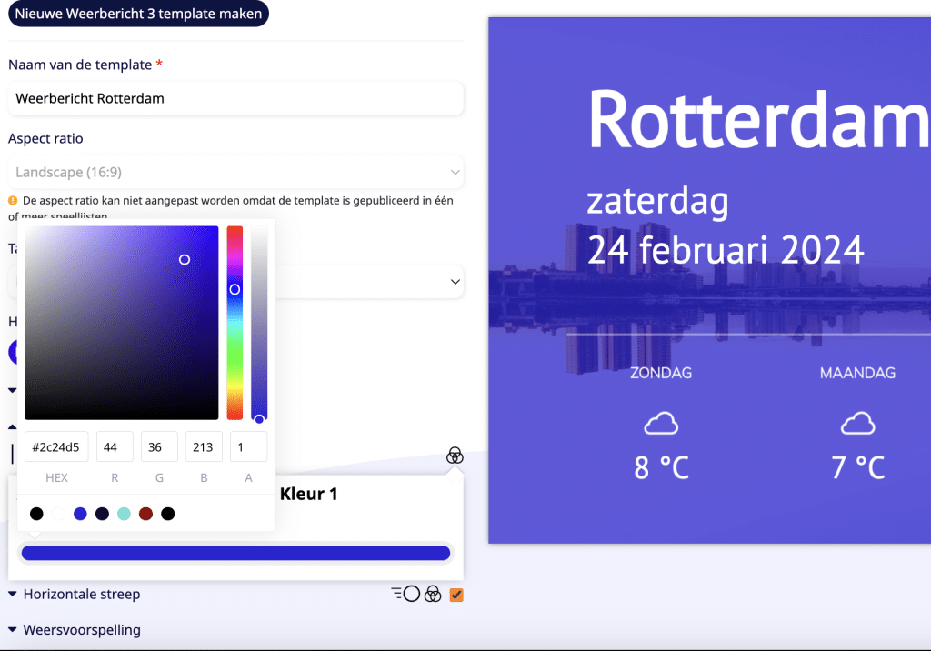Narrowcasting CMS: template bewerken met kleurkiezer en live voorbeeld