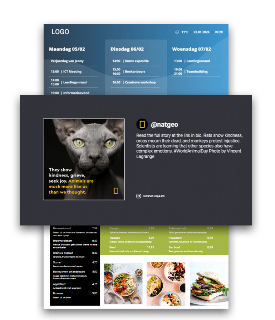 Narrowcasting templates: agenda, social media en menubord