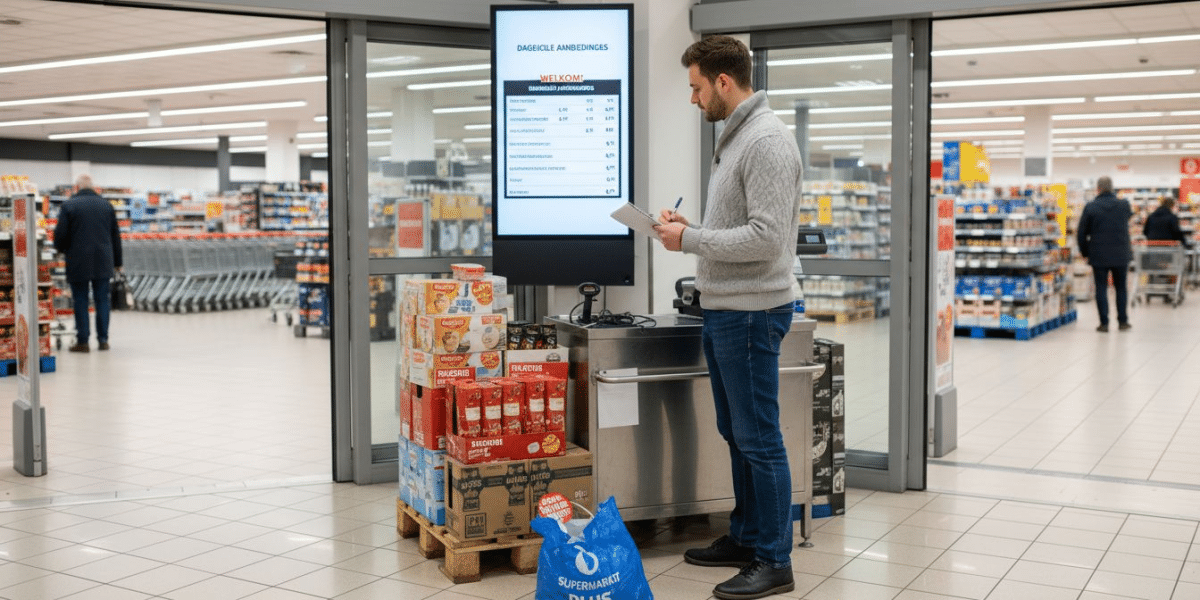 Filiaalmanager verantwoordelijk voor het digitale narrowcastingscherm in de winkel