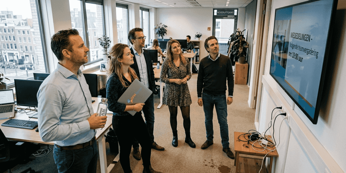 Een team op kantoor bekijkt samen het digitale informatiescherm.