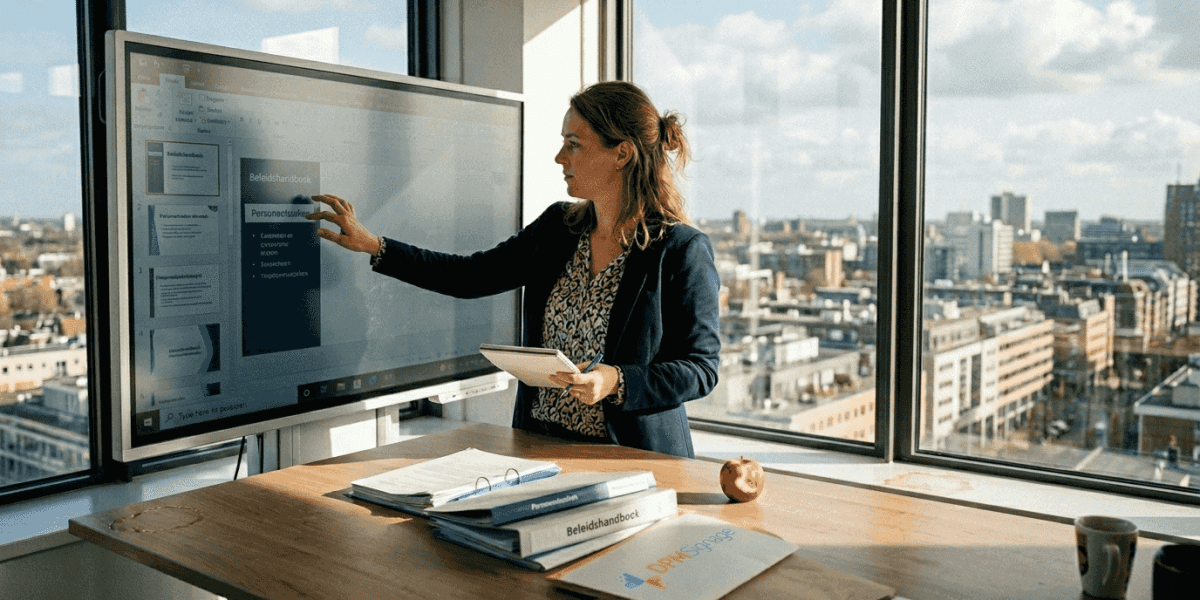 Een HR-manager werkt met een digitaal scherm in een licht, modern kantoor.