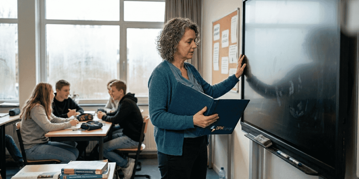 De leraar maakt het digibord klaar voor gebruik in de klas.