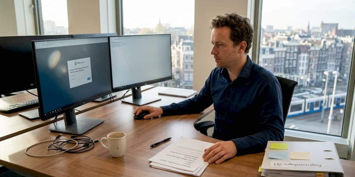Een medewerker is op kantoor bezig met het beheren van gebruikersaccounts.