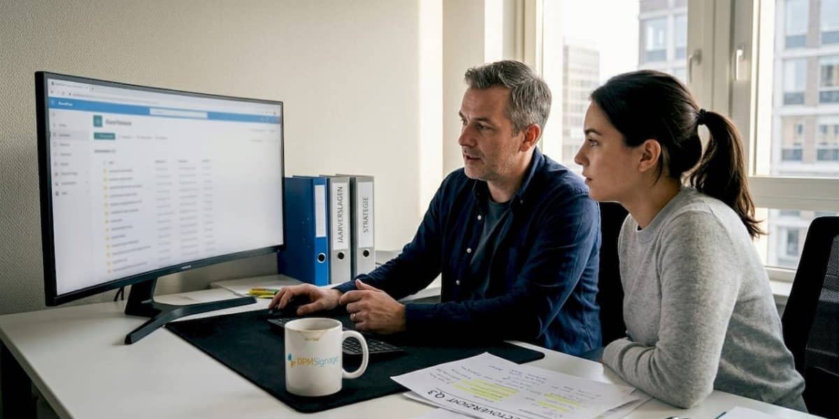 De IT-manager zit samen met een collega om de mogelijkheden van SharePoint-integratie door te nemen.