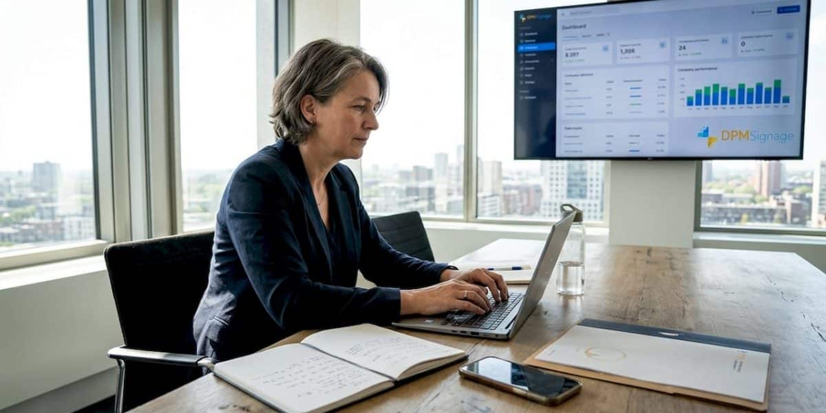 IT-manager houdt nauwlettend de prestaties van digitale informatieschermen in de gaten