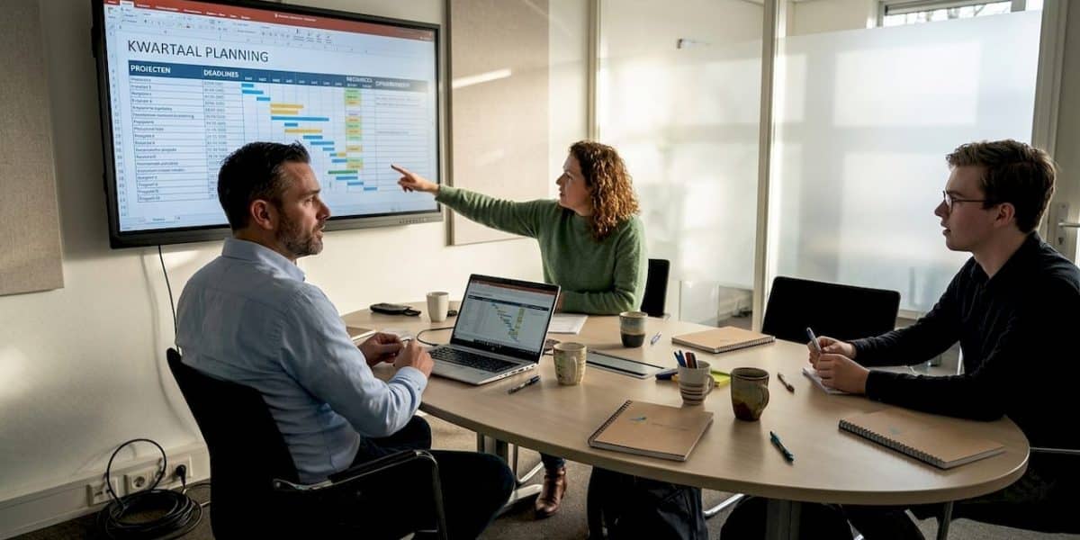Een groep collega's bespreekt samen iets voor een groot digitaal scherm in de vergaderruimte.