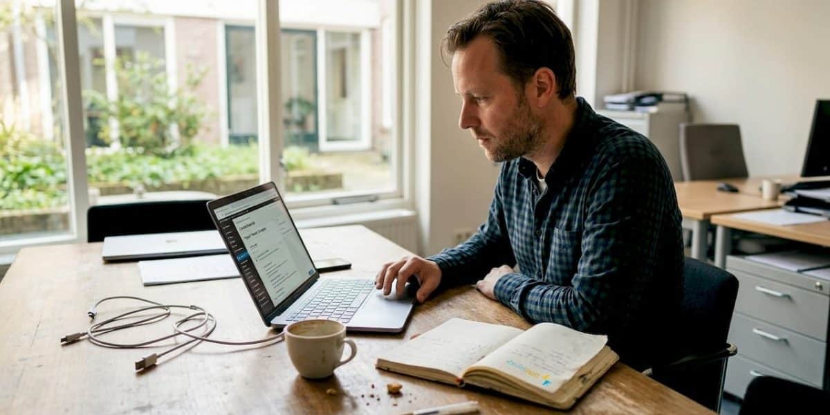 Medewerker bereidt digitale content voor narrowcasting op kantoor voor.