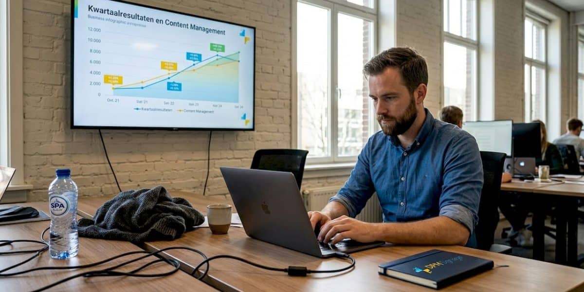 Een medewerker is bezig met het instellen van digitale narrowcasting in de open kantoorruimte.