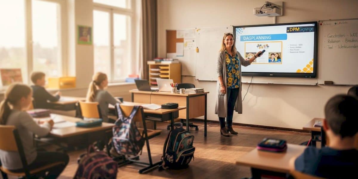 Leerkracht werkt het digitale schoolbord in de klas bij