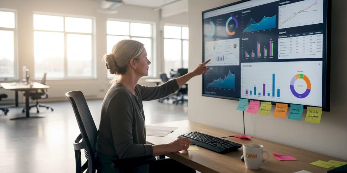 De IT-manager wijst collega's op belangrijke data die op het scherm te zien zijn.