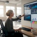 De IT-manager wijst collega's op belangrijke data die op het scherm te zien zijn.