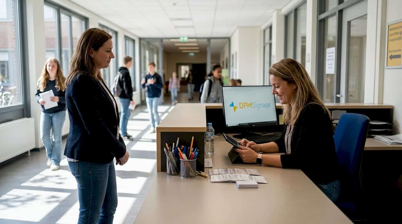 Bij de balie meldt de receptionist bezoekers aan via een tablet.