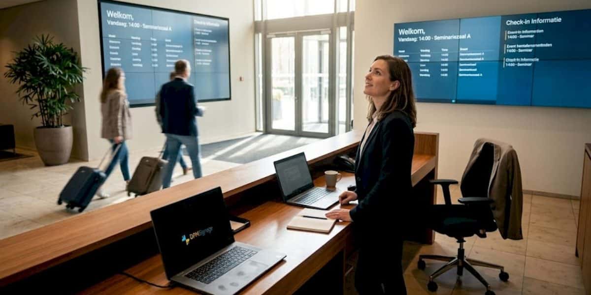 Hotelmedewerkers bedienen de videowall in de drukke lobby.