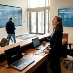 Hotelmedewerkers bedienen de videowall in de drukke lobby.