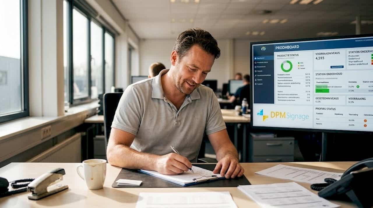 De manager werpt een blik op het digitale scherm in het autobedrijf.