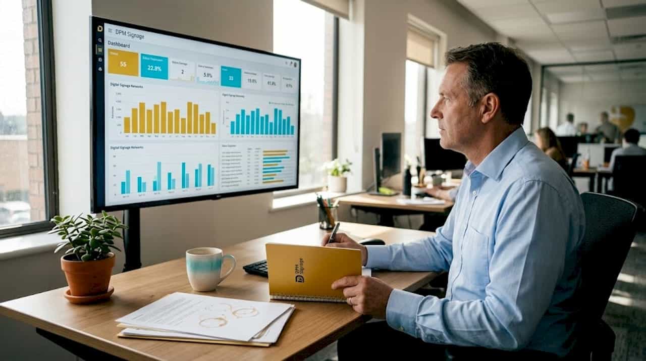 Een man bekijkt het tv-dashboard op zijn werkplek.