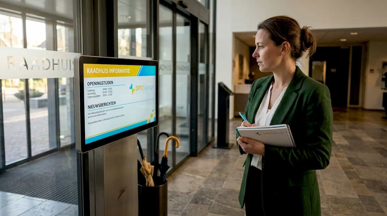 Een medewerker bekijkt het informatiescherm in de ontvangstruimte.