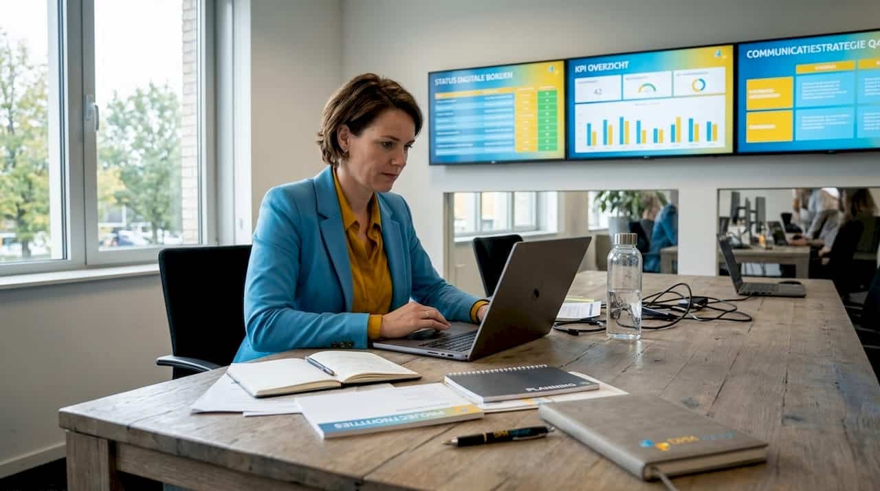 Een adviseur bespreekt zaken aan tafel met behulp van digitale schermen.