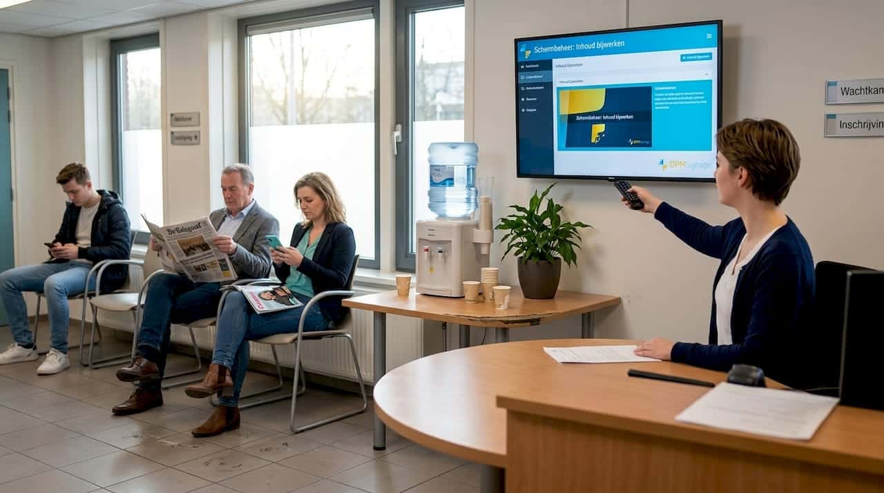 De receptionist past het digitale wachtscherm aan zodat bezoekers precies weten wanneer ze aan de beurt zijn.