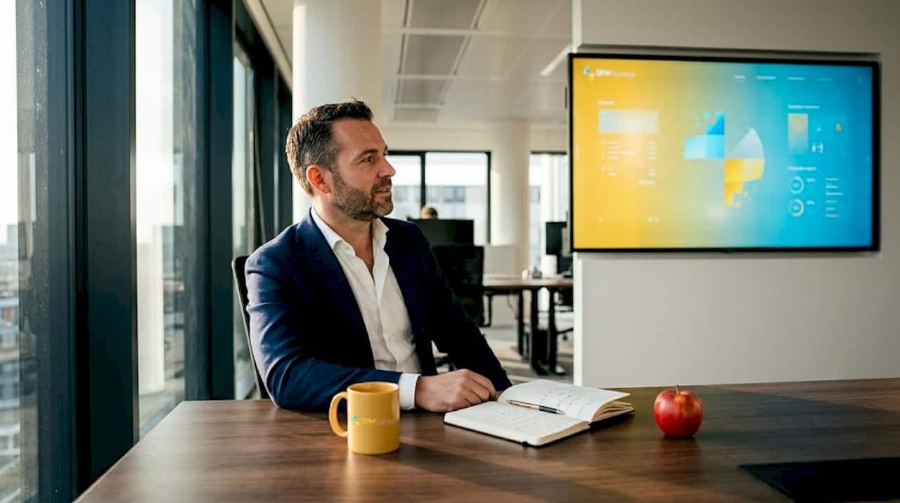 Een medewerker zit achter zijn bureau en bekijkt het informatiescherm.