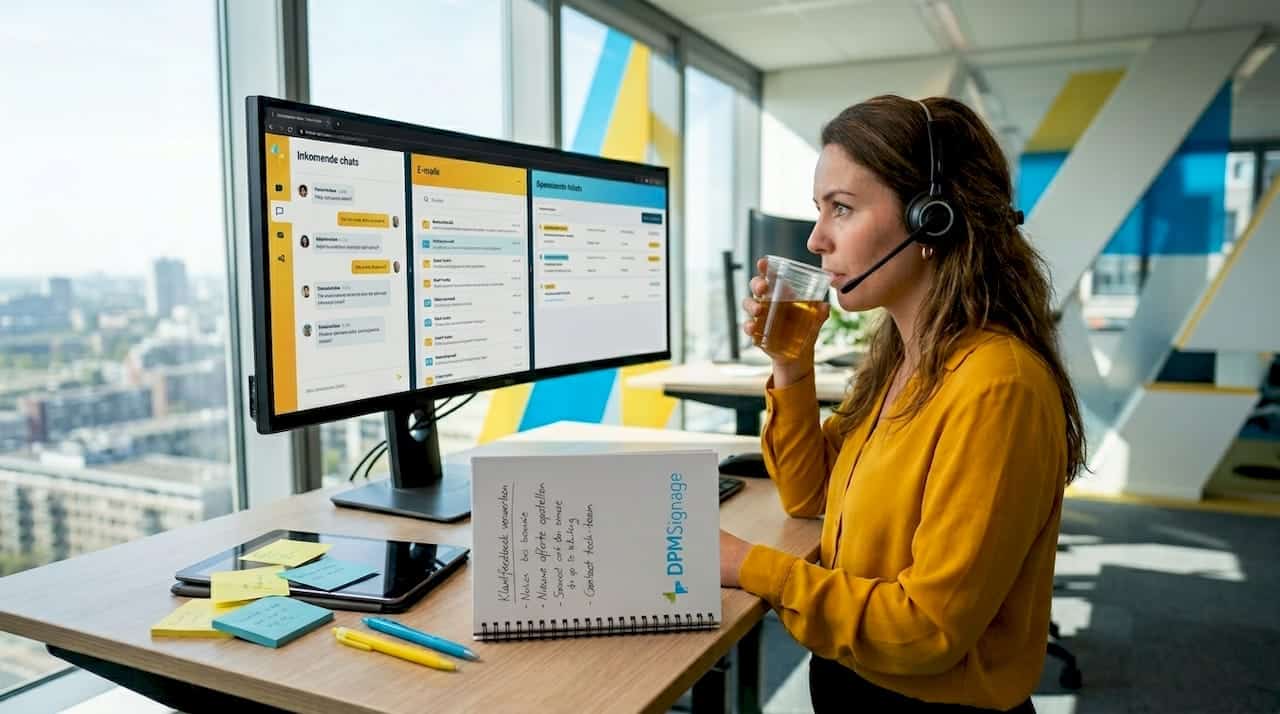 Een medewerker klantcontact helpt klanten via verschillende kanalen op één overzichtelijk scherm.