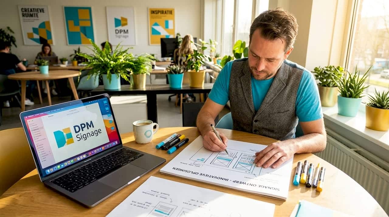 Een man denkt na over de indeling van digitale displays op kantoor.