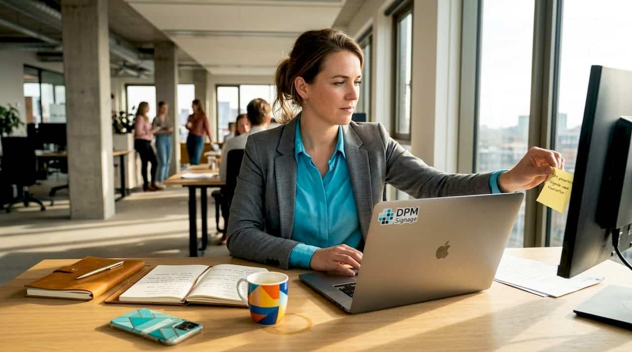 De communicatieadviseur stelt op kantoor digitale berichten op.