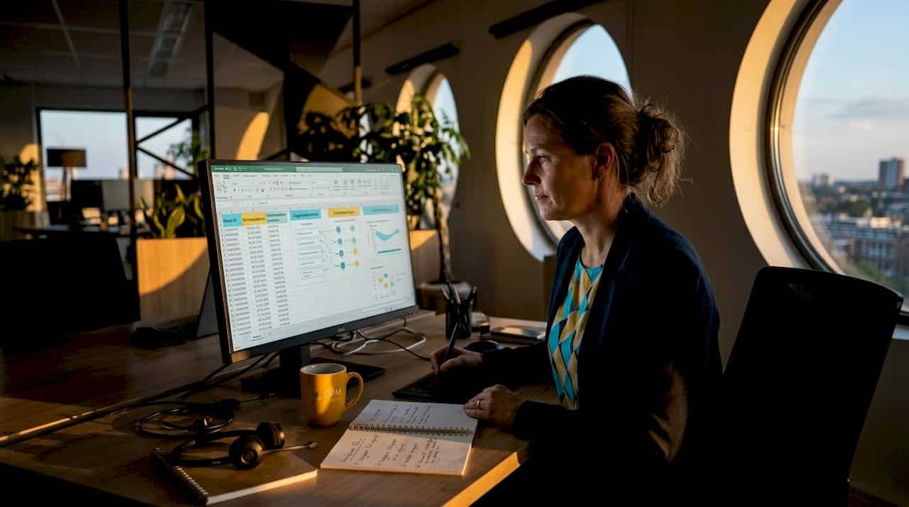 Een medewerker zit achter zijn bureau en analyseert de verschillende dataverbindingen.