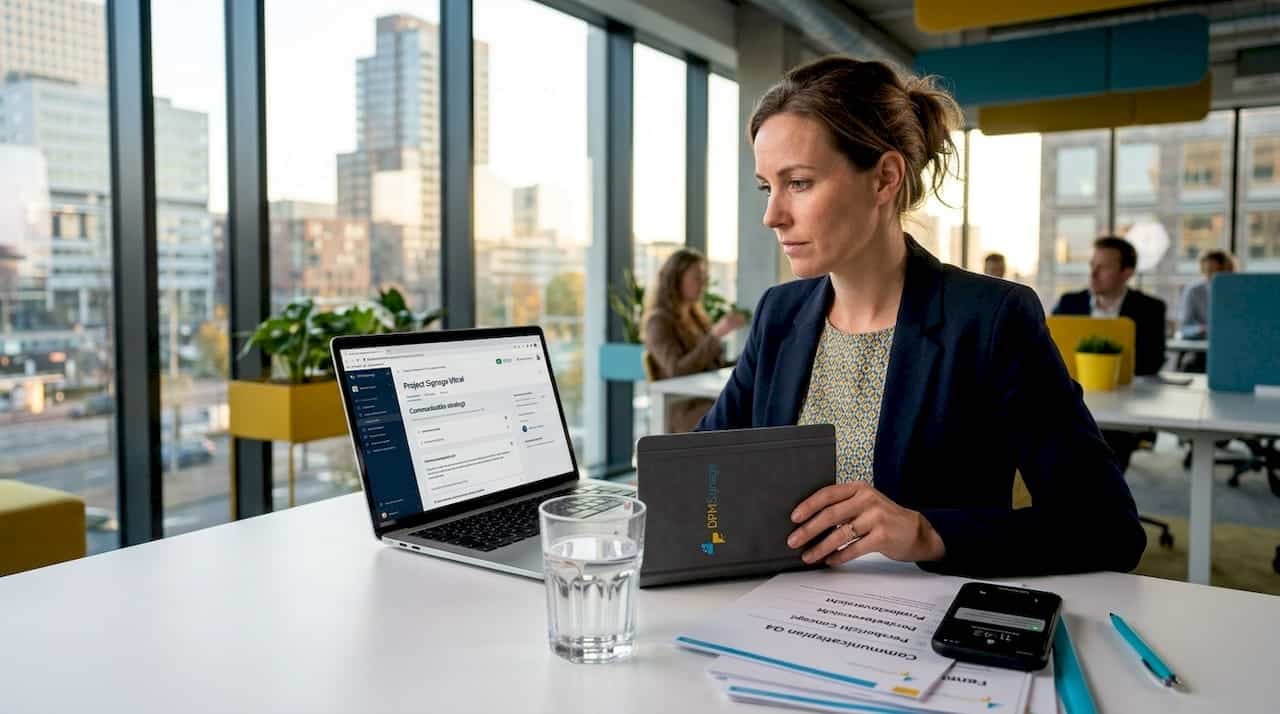 Een vrouw is volledig gefocust bezig met een communicatieproject.